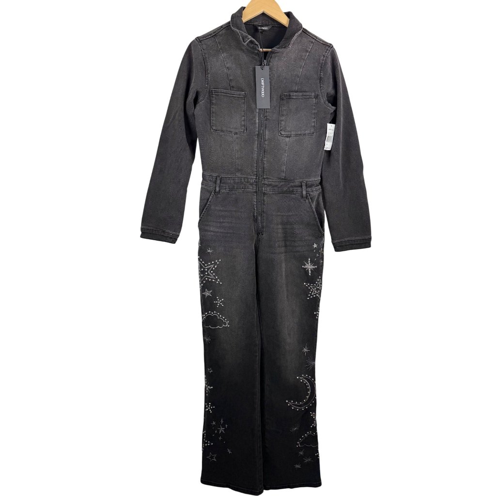Free People X Driftwood Celestial Jumpsuit Embroidered Flare 90s Goth Sz M